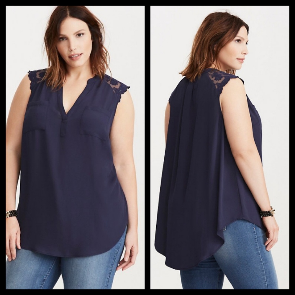 Torrid NAVY GEORGETTE LACE PULLOVER BLOUSE